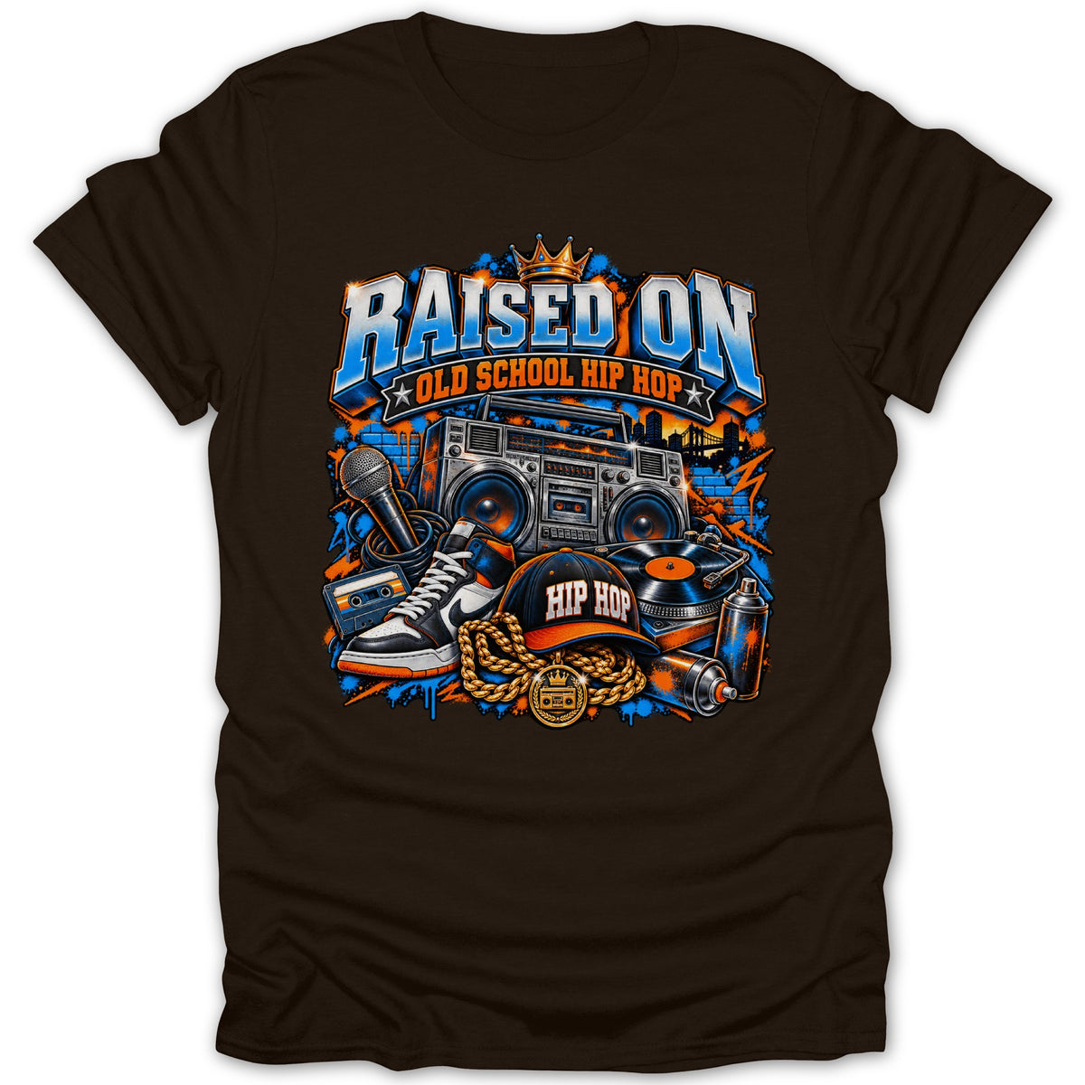 T-shirt graphic with "Raised on Old School Hip Hop" text and iconic hip hop items.