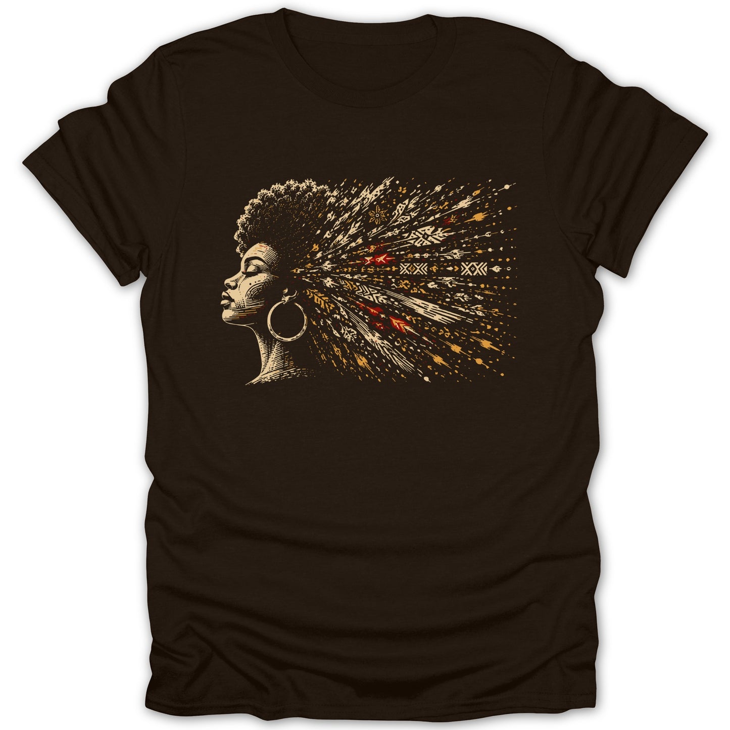 T-shirt with a profile of a woman with abstract, patterned hair exploding outwards.