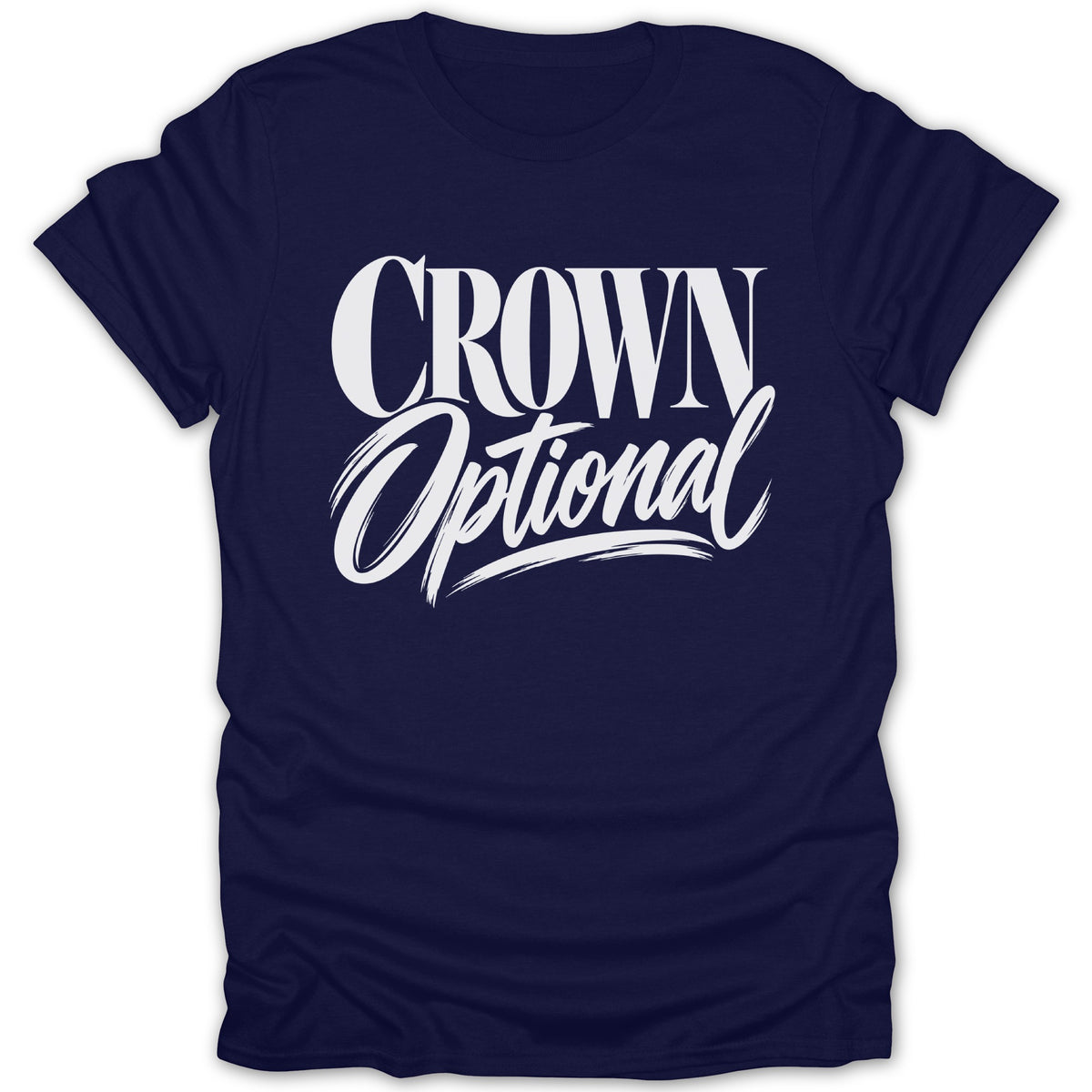 Navy t-shirt with white "CROWN Optional" text in decorative font.