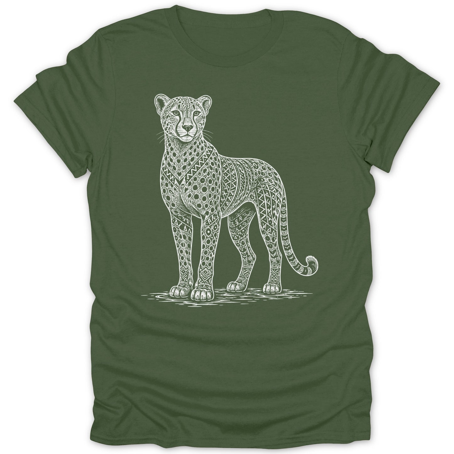 Green t-shirt with a white line drawing of a stylized cheetah wearing ornate patterns.