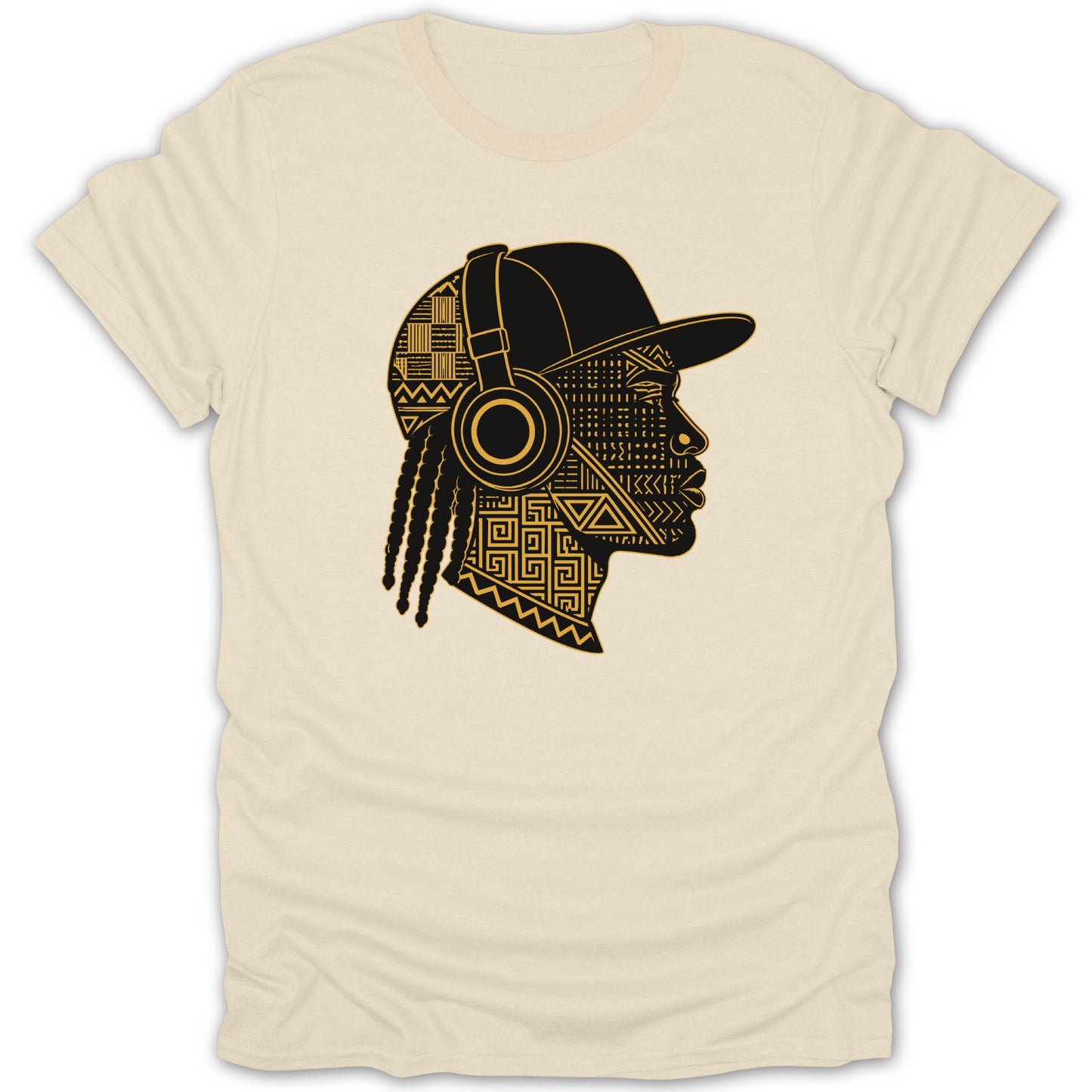 Black and gold patterned head silhouette with headphones and braids on a cream t-shirt.