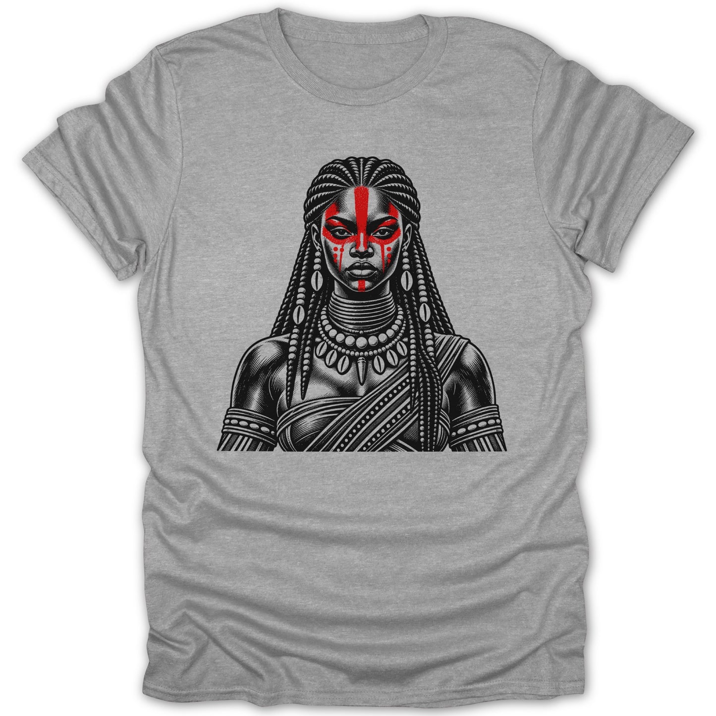 Black and white illustration of a woman with braids and red face paint on a grey t-shirt.