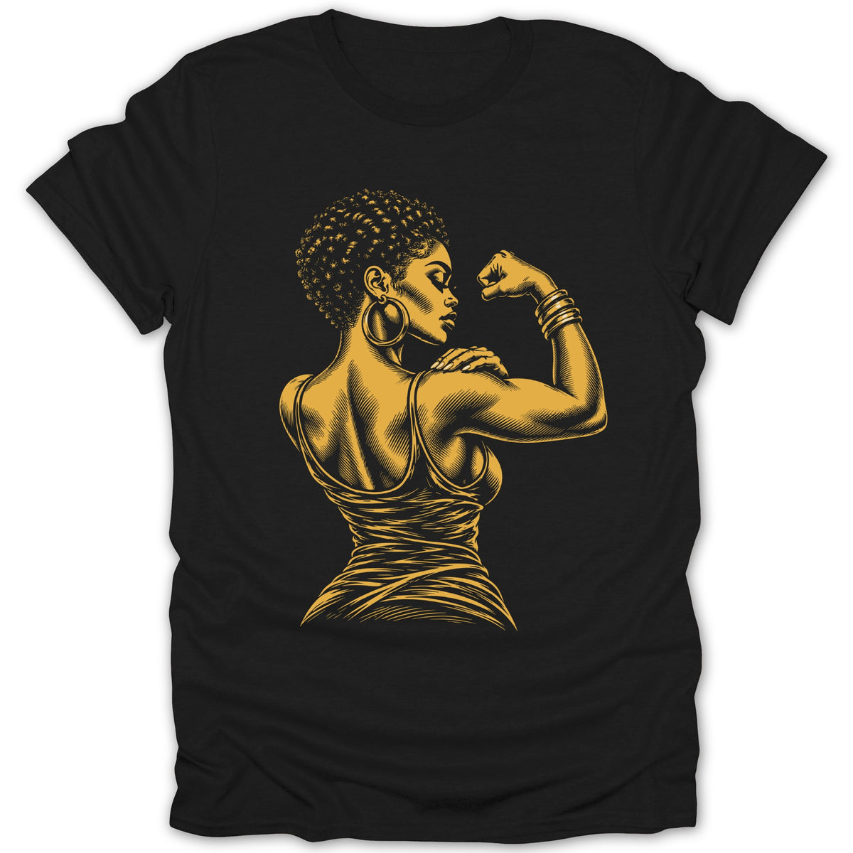 Black t-shirt with a gold graphic of a woman flexing her bicep.