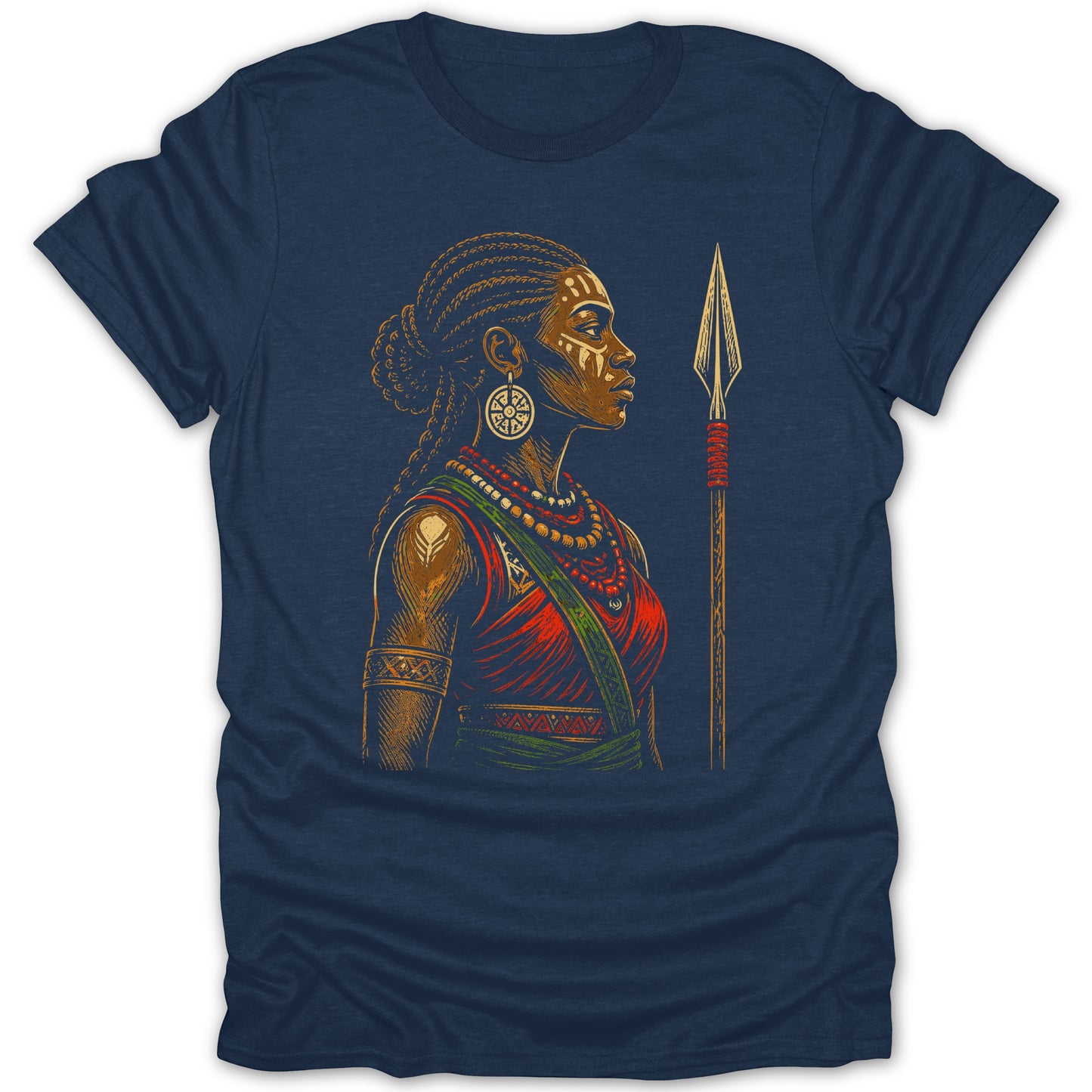 Woman with braided hair and face paint holding a spear, wearing jewelry.