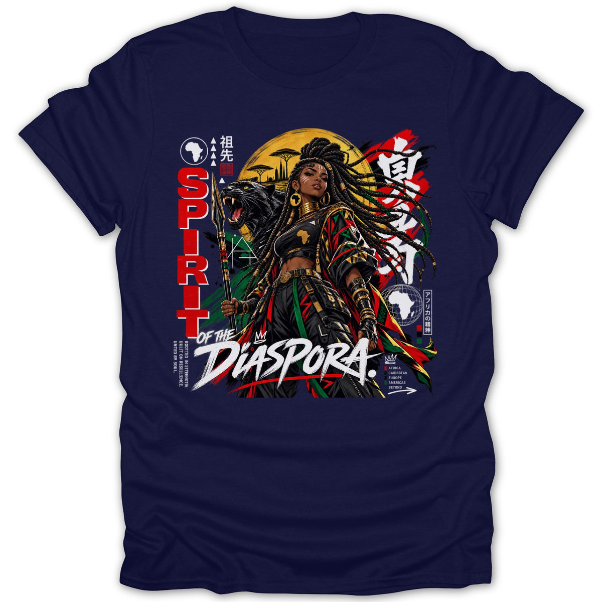 Spirit of the Diaspora graphic with woman, panther, and global map on a navy t-shirt.