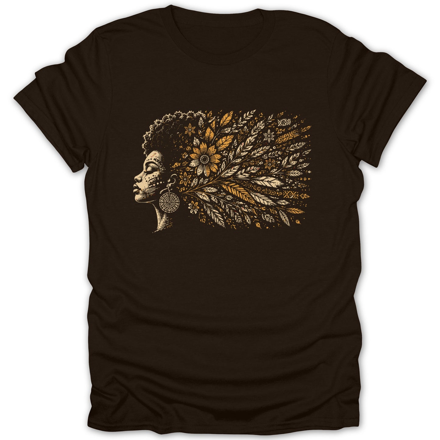 Brown t-shirt with a graphic of a woman's profile with floral hair.