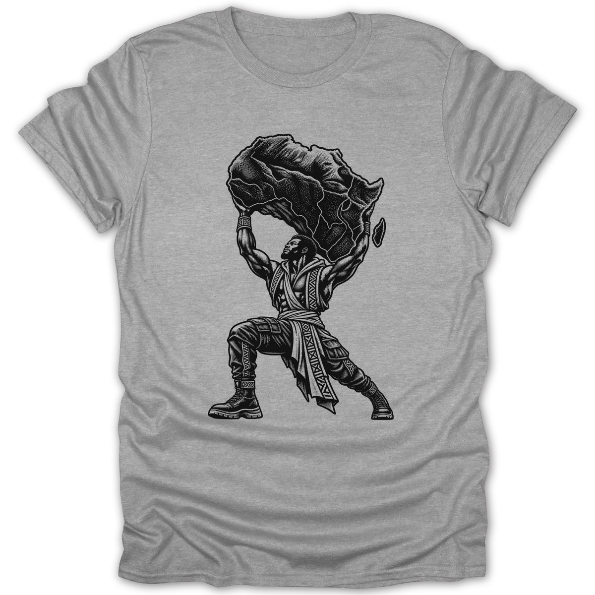 Black and white illustration of a man holding the continent of Africa above his head.
