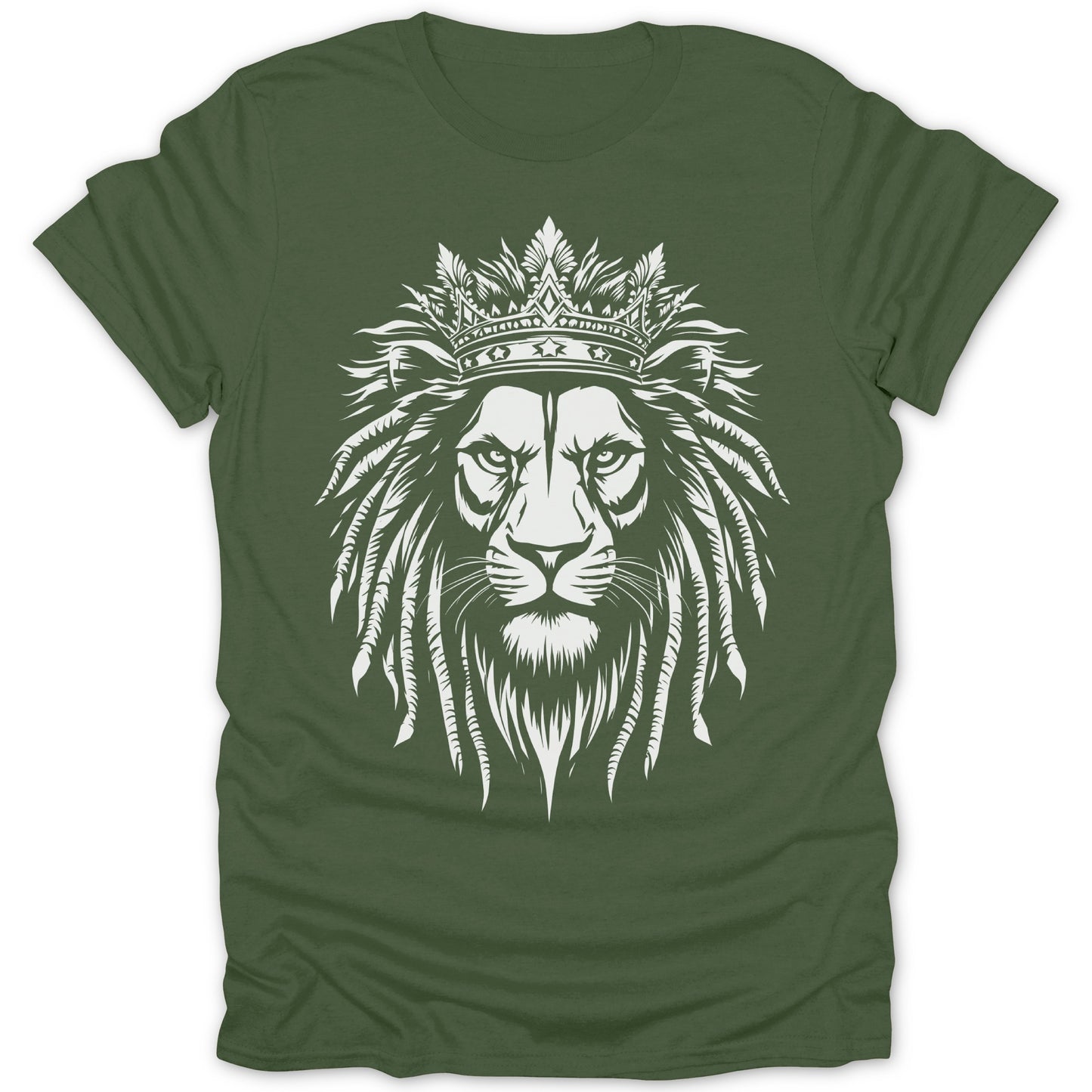 Green t-shirt with a white crowned lion face graphic.