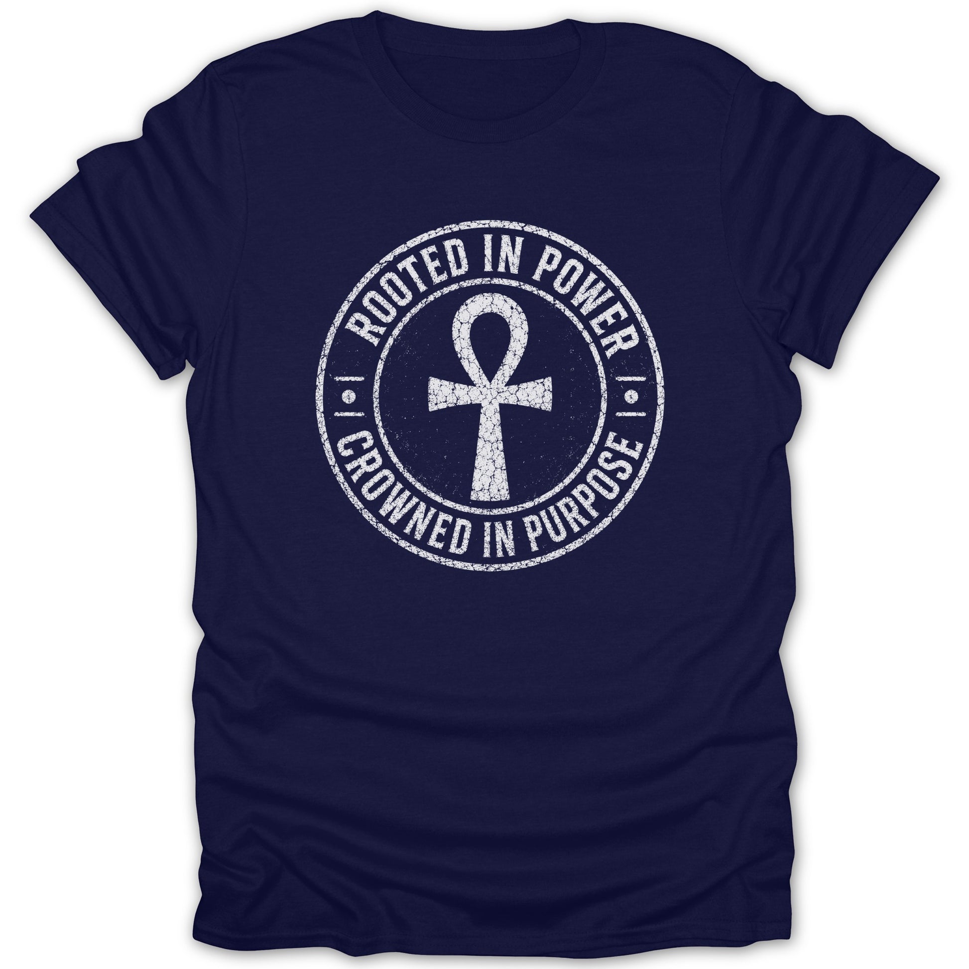 Navy t-shirt with white distressed circular graphic and ankh symbol.
