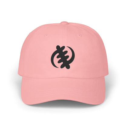 Pink baseball cap with black Sankofa symbol.