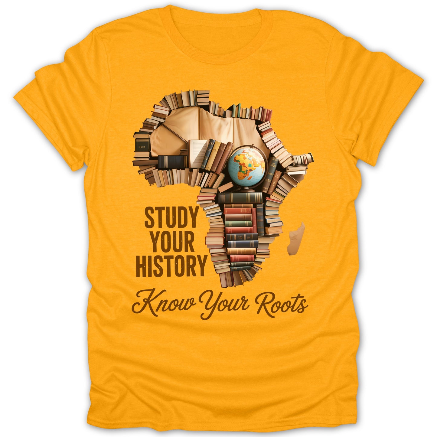 Yellow t-shirt with Africa map made of books, a globe, and text.