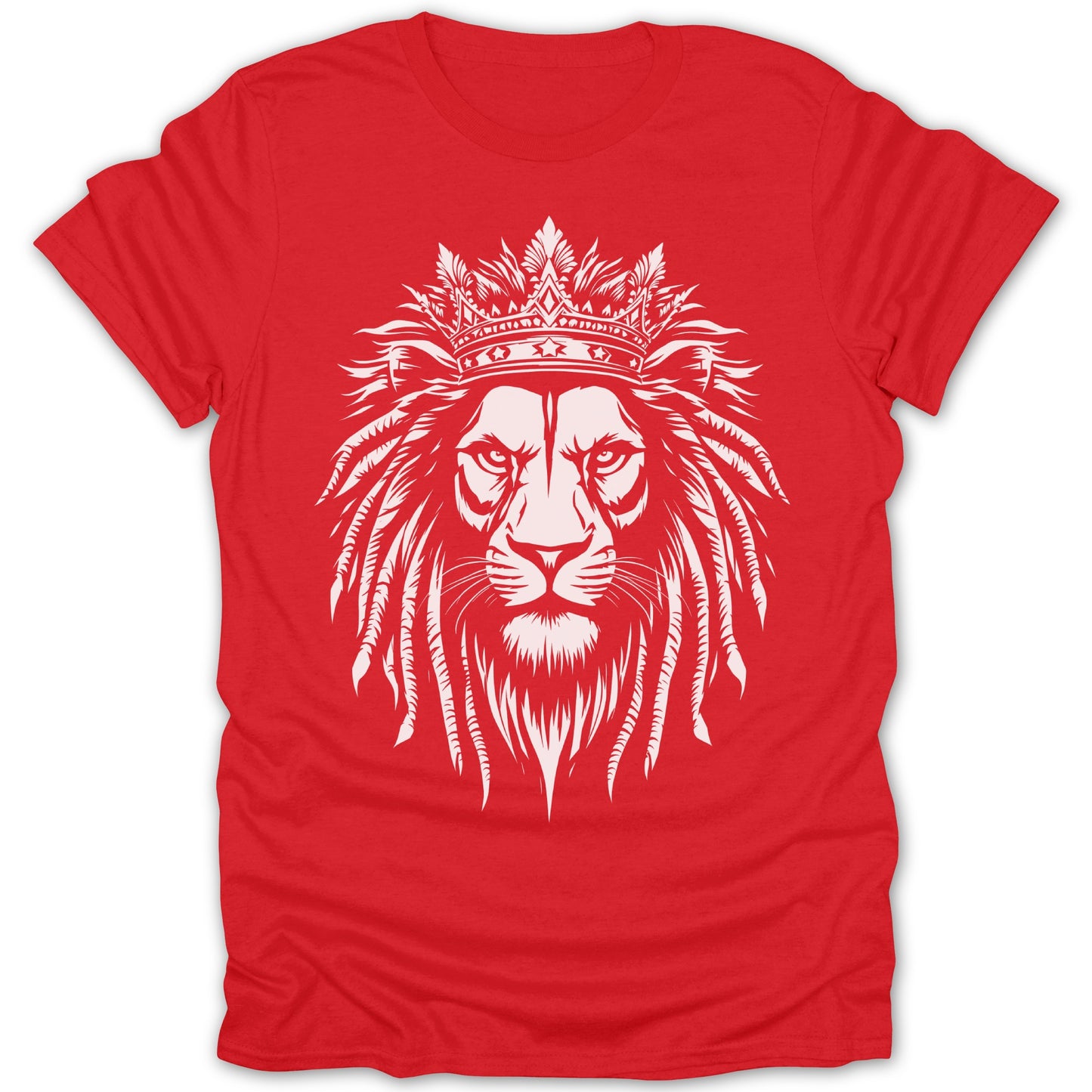 Red t-shirt with a white illustration of a lion wearing a crown.
