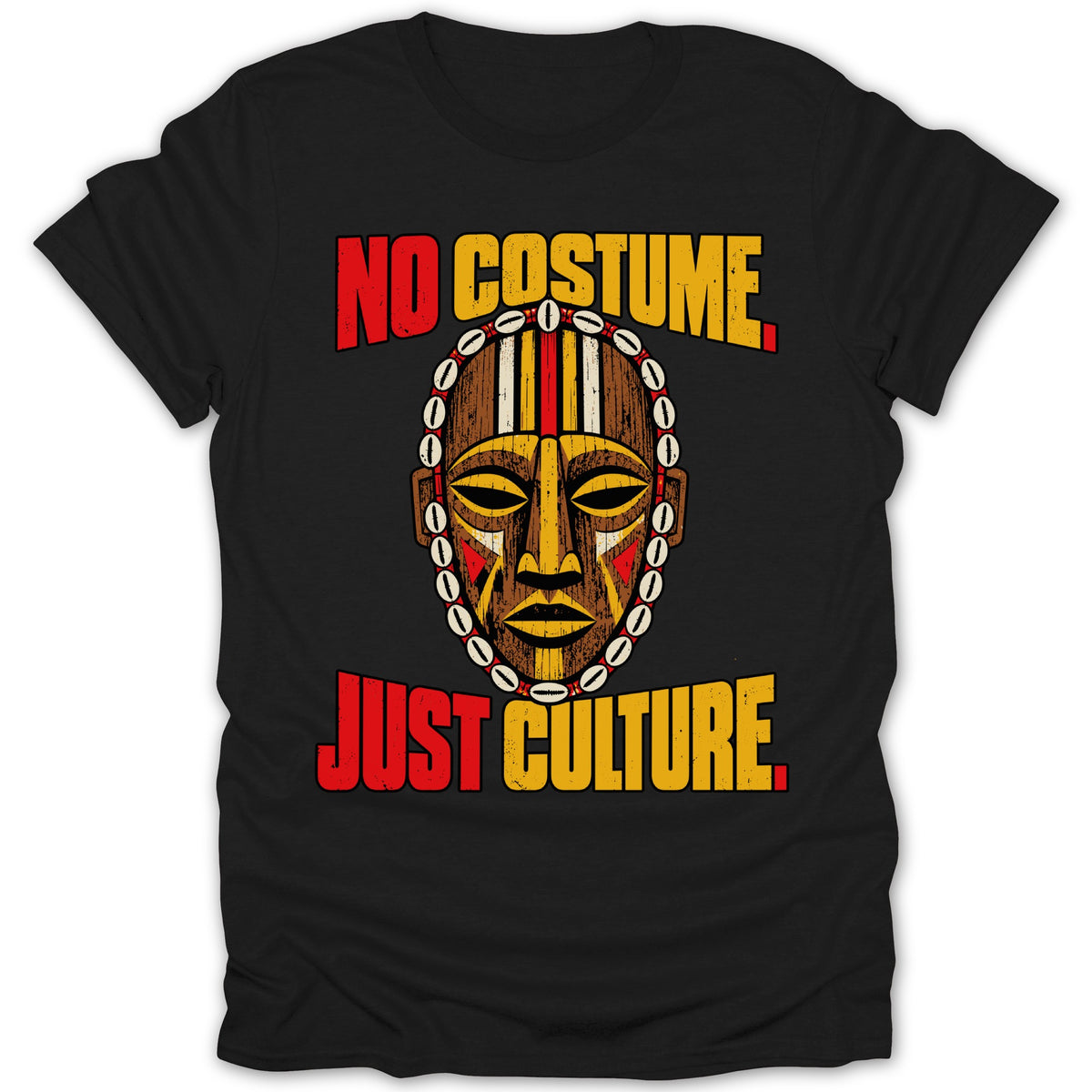Black t-shirt with "NO COSTUME JUST CULTURE" text and tribal mask graphic.