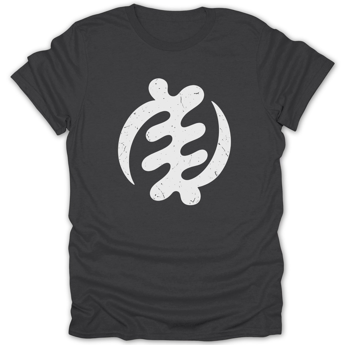 Dark grey t-shirt with a distressed white Gye Nyame Adinkra symbol graphic.