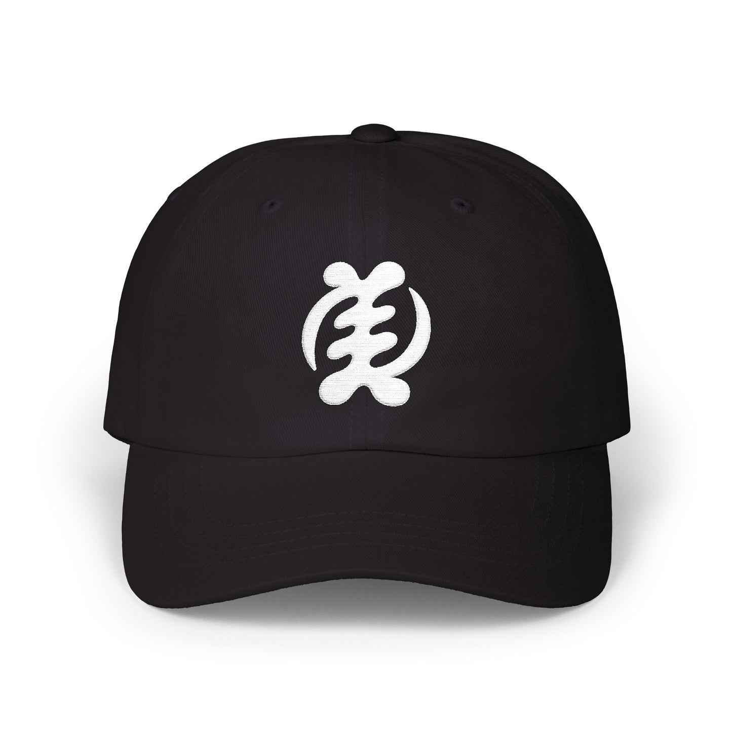 Black baseball cap with white Adinkra symbol Gye Nyame embroidered on front.