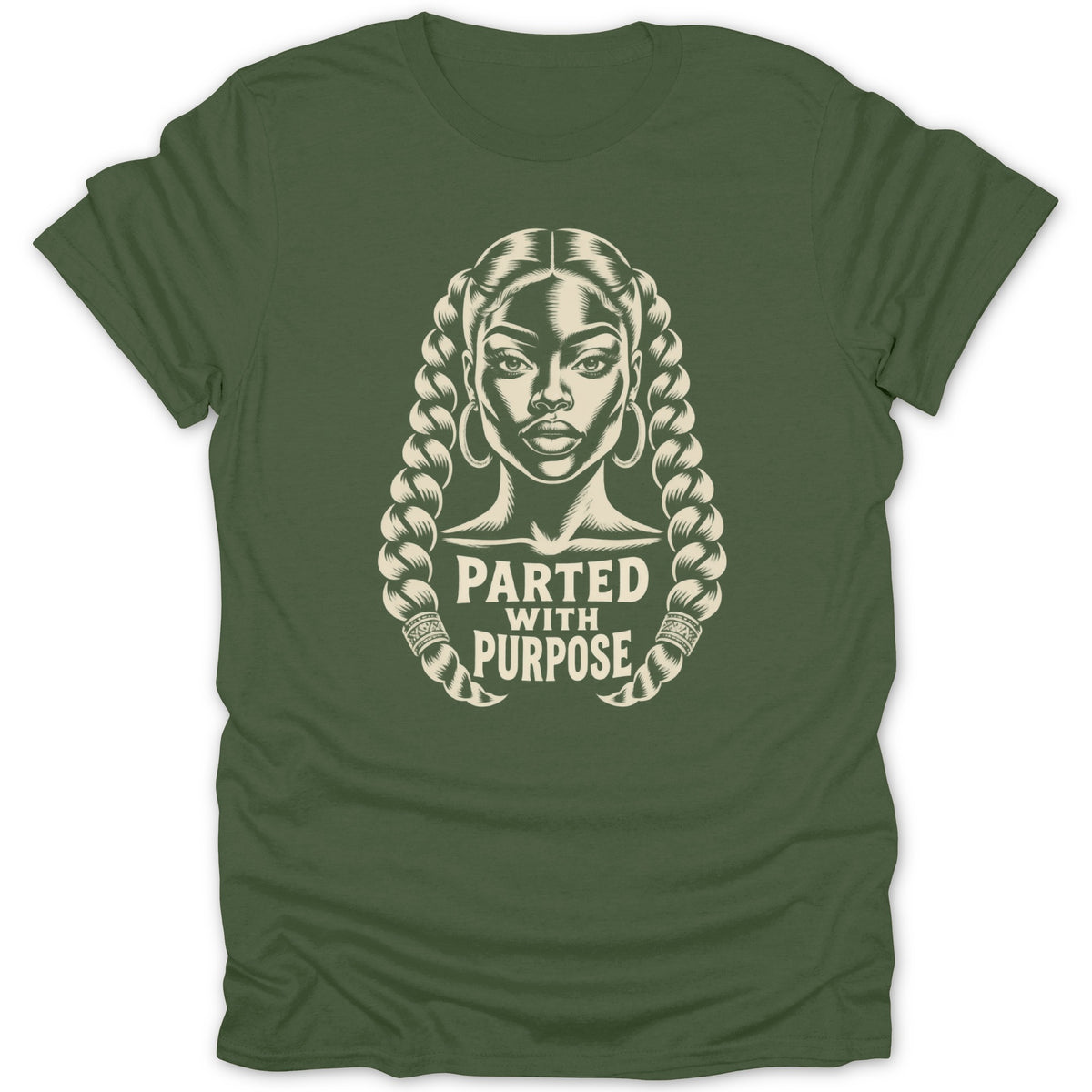 An olive green crewneck t-shirt featuring a vintage graphic of a Black woman with braided hair and hoop earrings, accompanied by the text "Parted with Purpose".