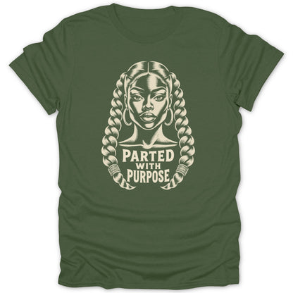 An olive green crewneck t-shirt featuring a vintage graphic of a Black woman with braided hair and hoop earrings, accompanied by the text "Parted with Purpose".