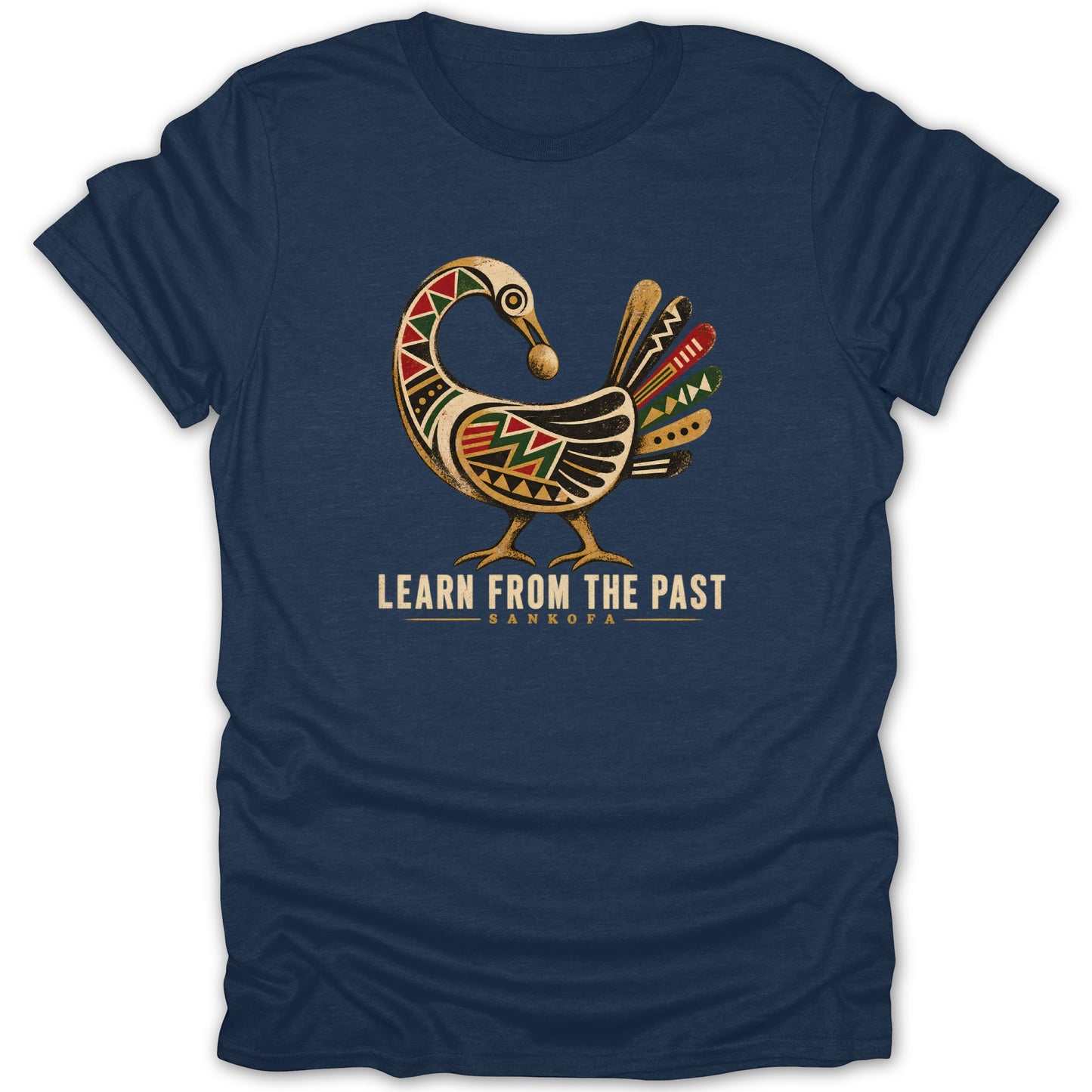 Dark blue t-shirt with Sankofa bird graphic and text "LEARN FROM THE PAST".