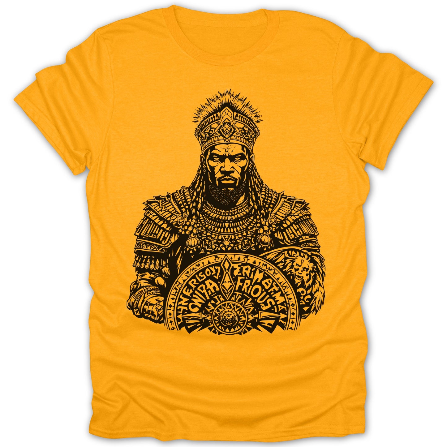T-shirt with black ink illustration of a king holding a shield with text.