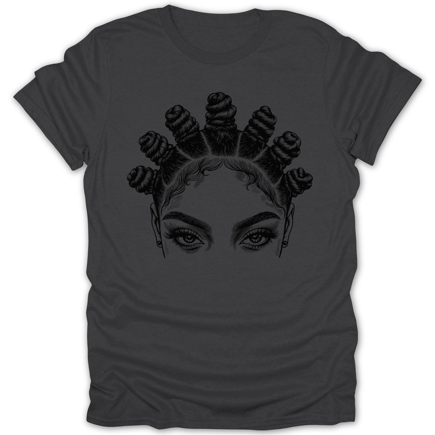 T-shirt with black ink drawing of woman's eyes and Bantu knots hairstyle.