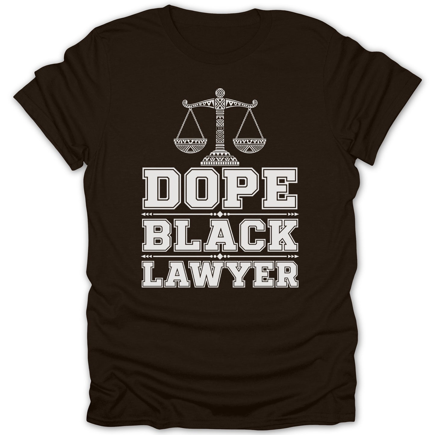 Brown t-shirt with scales of justice and text "DOPE BLACK LAWYER".