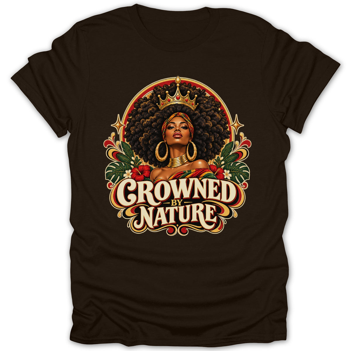 Graphic t-shirt with a crowned Black woman and text "Crowned by Nature."