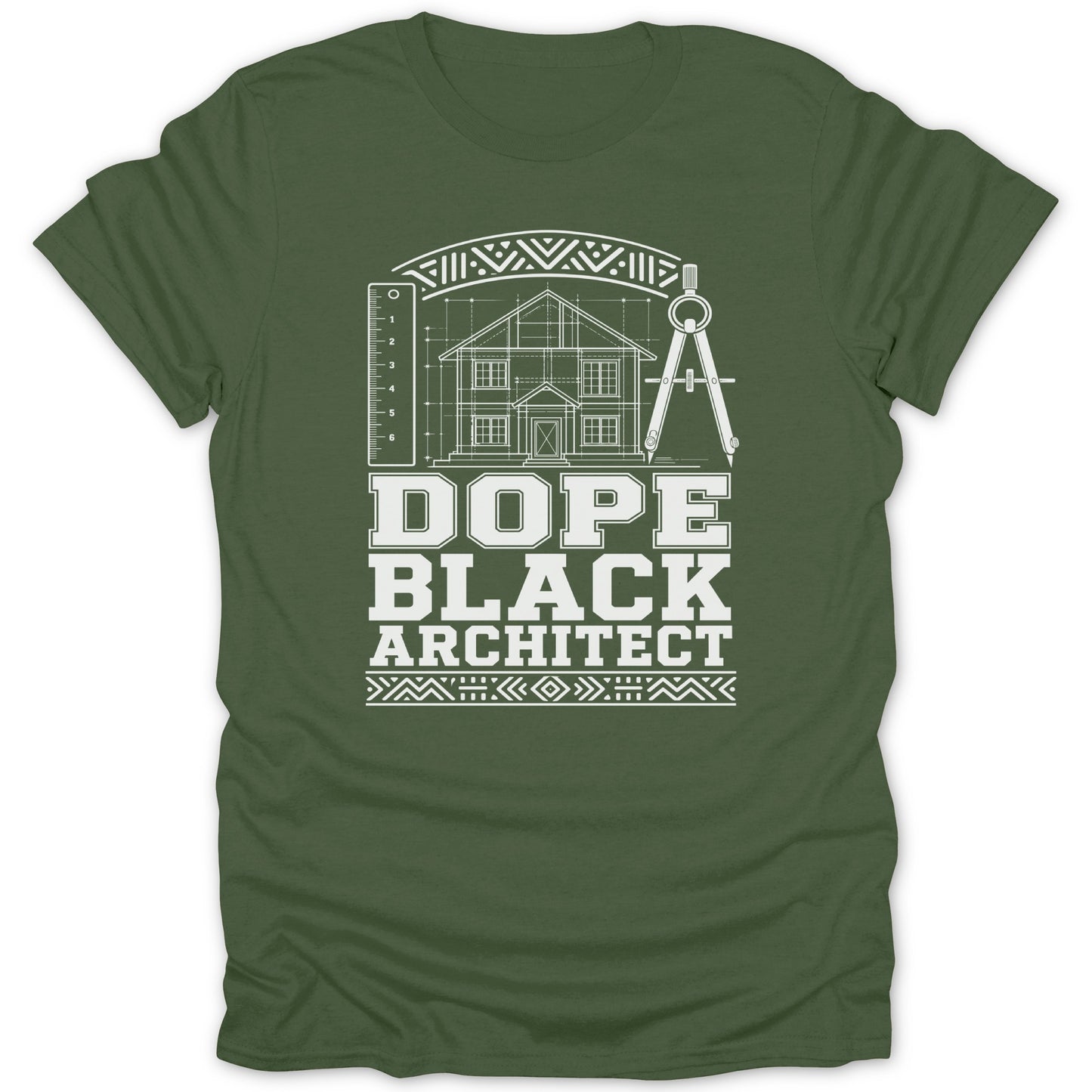 Green t-shirt with blueprint house, compass, ruler, and text DOPE BLACK ARCHITECT.