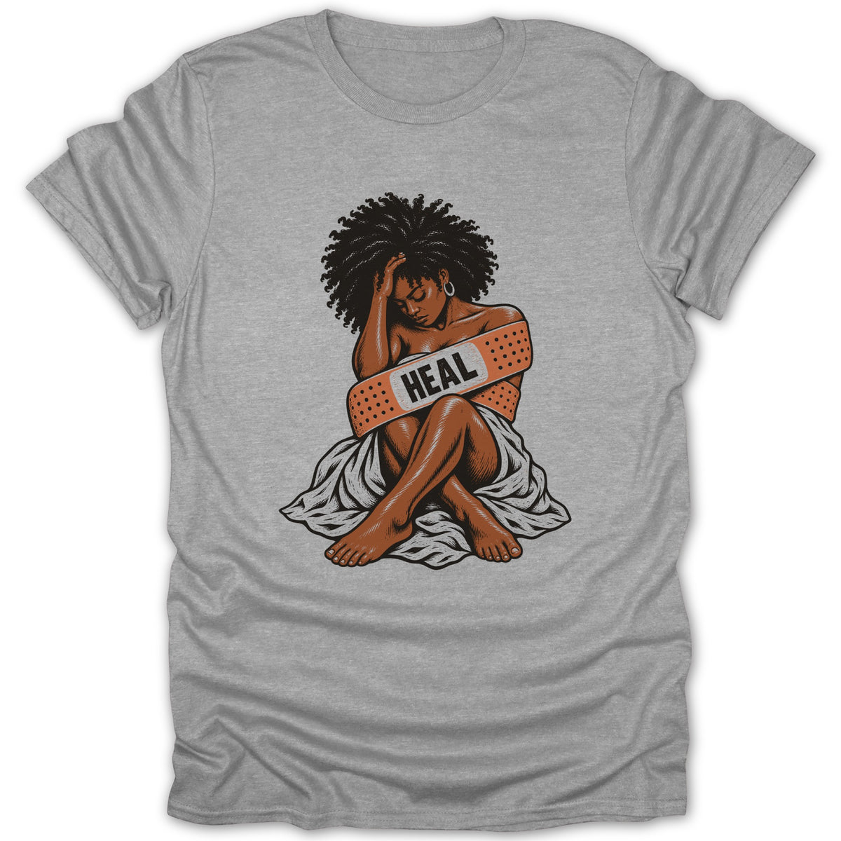 Illustration of a woman with a band-aid across her chest reading "HEAL".
