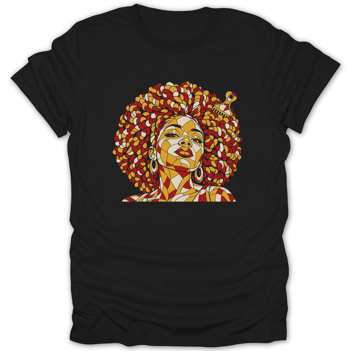 A black crewneck t-shirt featuring a colorful mosaic illustration of a woman with a large afro.