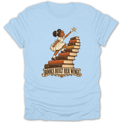 Girl climbing stack of books toward star with text "Books Built Her Wings".