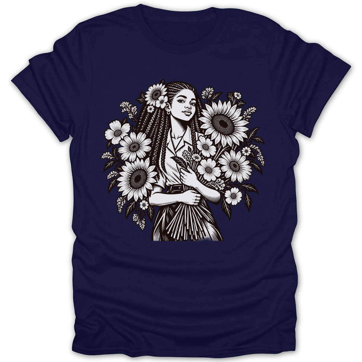Black and white illustration of a woman with braids holding flowers against a navy t-shirt.