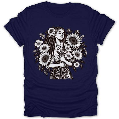 Black and white illustration of a woman with braids holding flowers against a navy t-shirt.