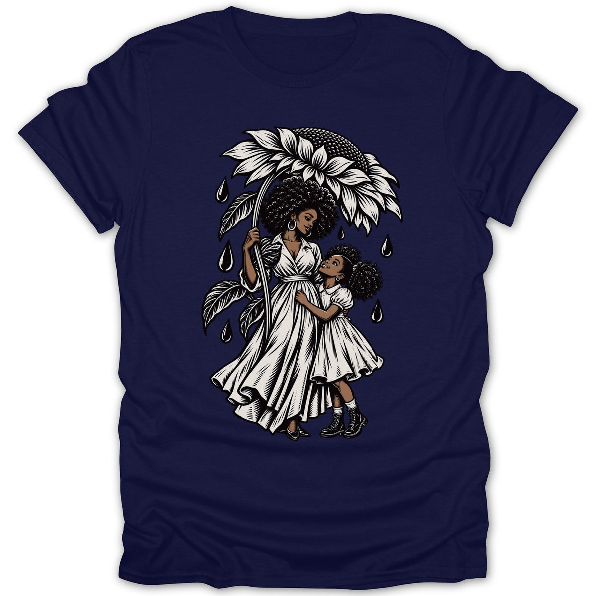 Illustration of a woman and child under a sunflower umbrella with falling raindrops.