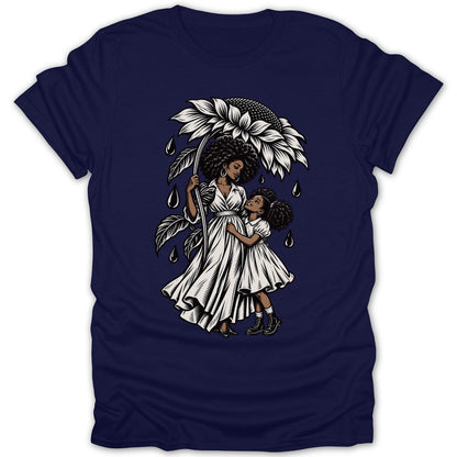 Illustration of a woman and child under a sunflower umbrella with falling raindrops.