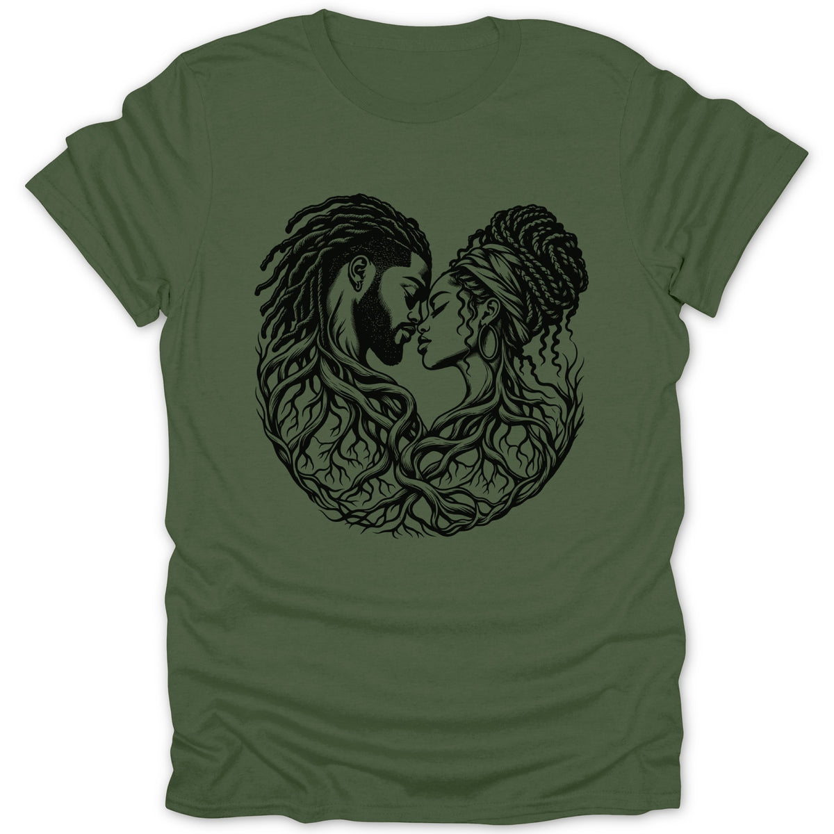 Black line art of a man and woman embracing, with their hair forming tree roots.