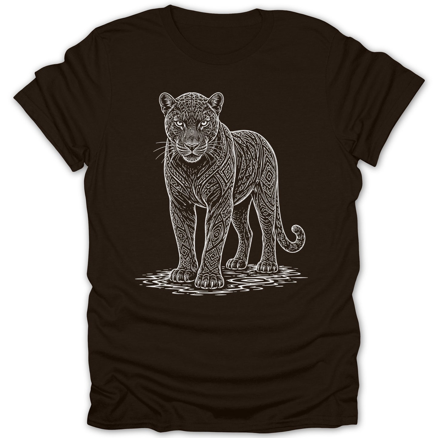 Black t-shirt with a white line drawing of a panther with ornamental patterns.