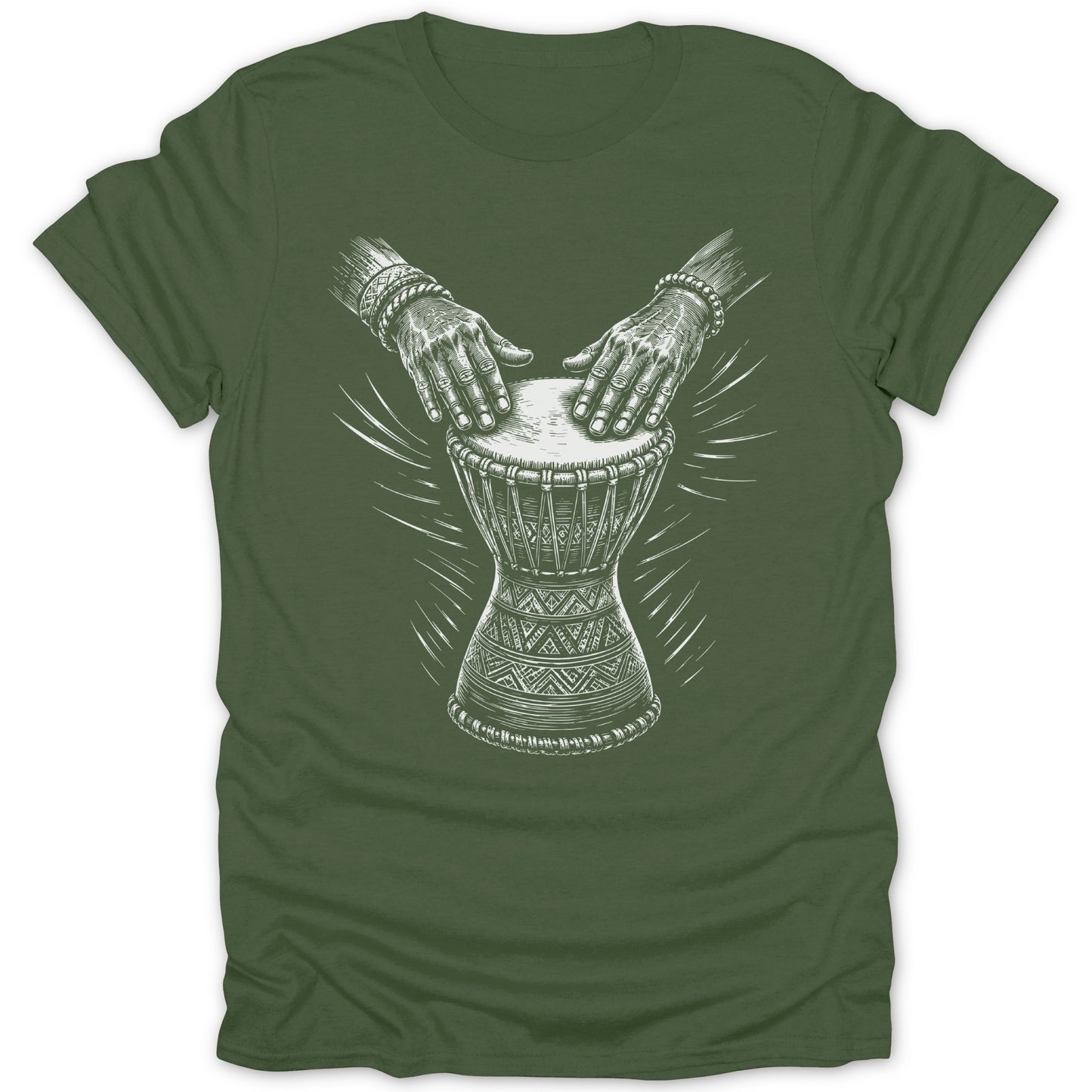 White illustration of hands playing a djembe drum on a green t-shirt.