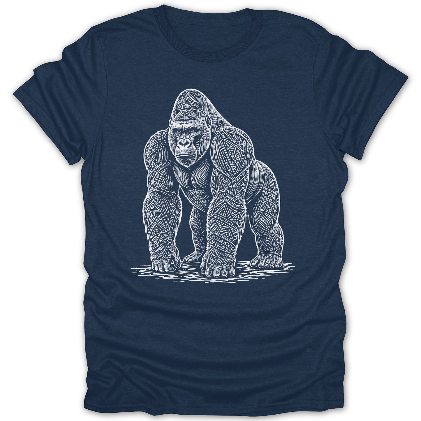 T-shirt with white line art of a gorilla with intricate tribal patterns.