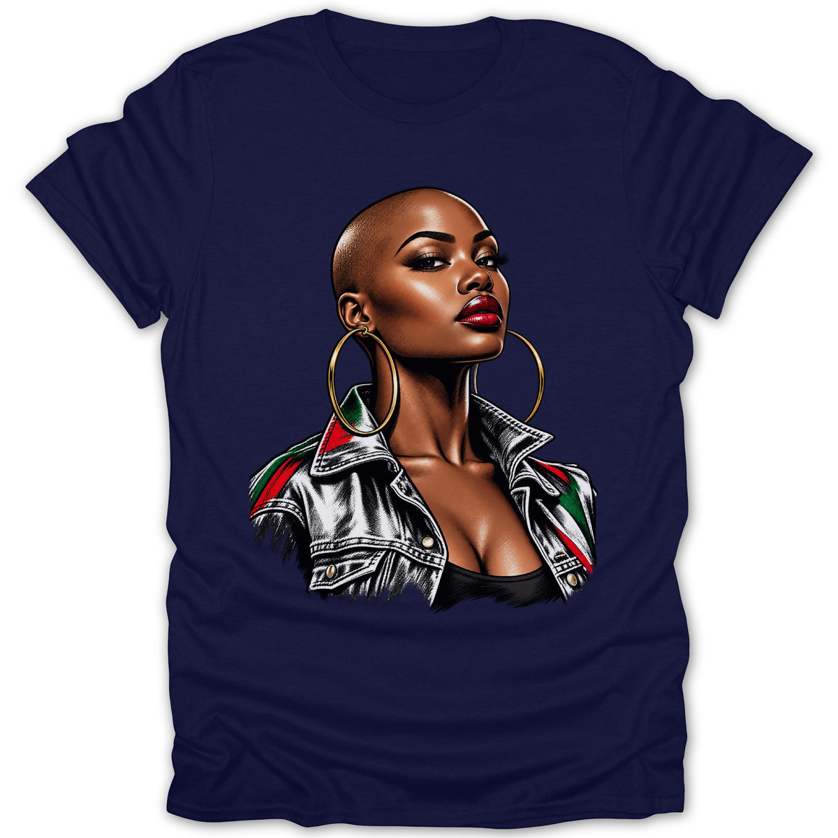 Graphic on navy t-shirt shows a woman with hoop earrings wearing a denim jacket with red and green stripes.