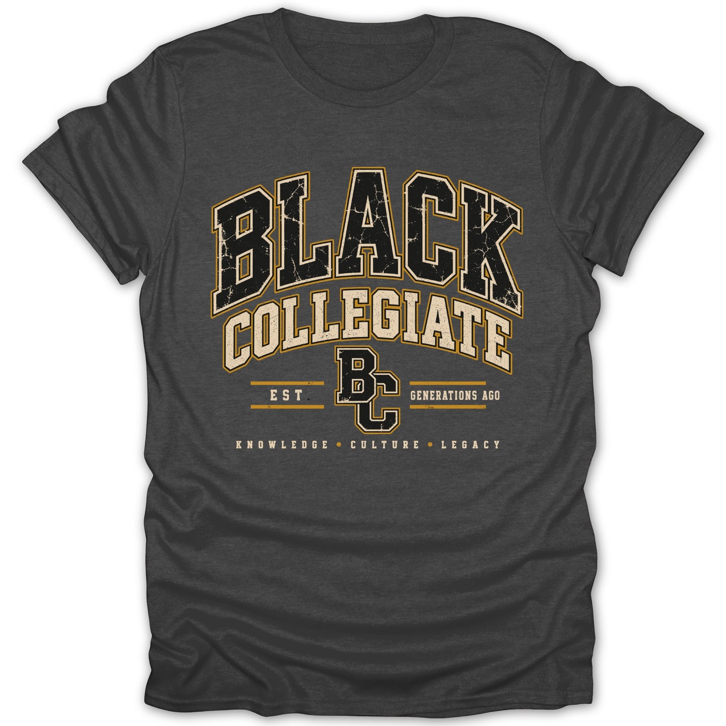 Charcoal t-shirt with "BLACK COLLEGIATE" and "BC" logos.