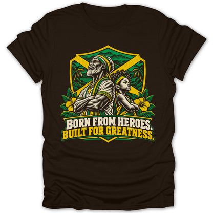 Shield with Jamaican flag featuring elder and youth, "Born from heroes. Built for greatness."