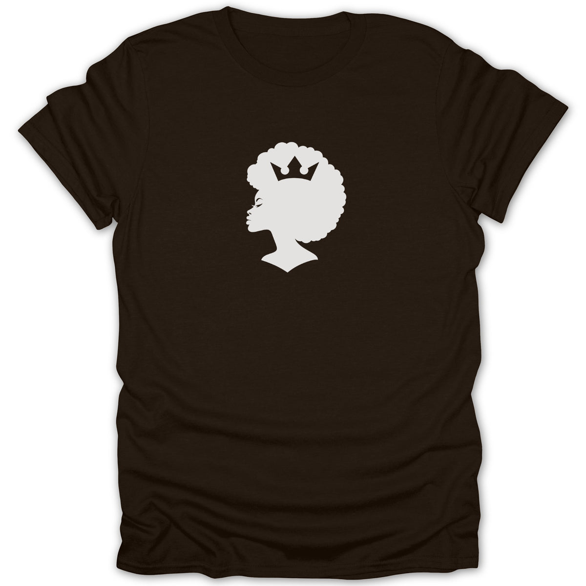 A dark brown short-sleeved t-shirt features a white silhouette graphic of a woman with an afro hairstyle wearing a small crown.