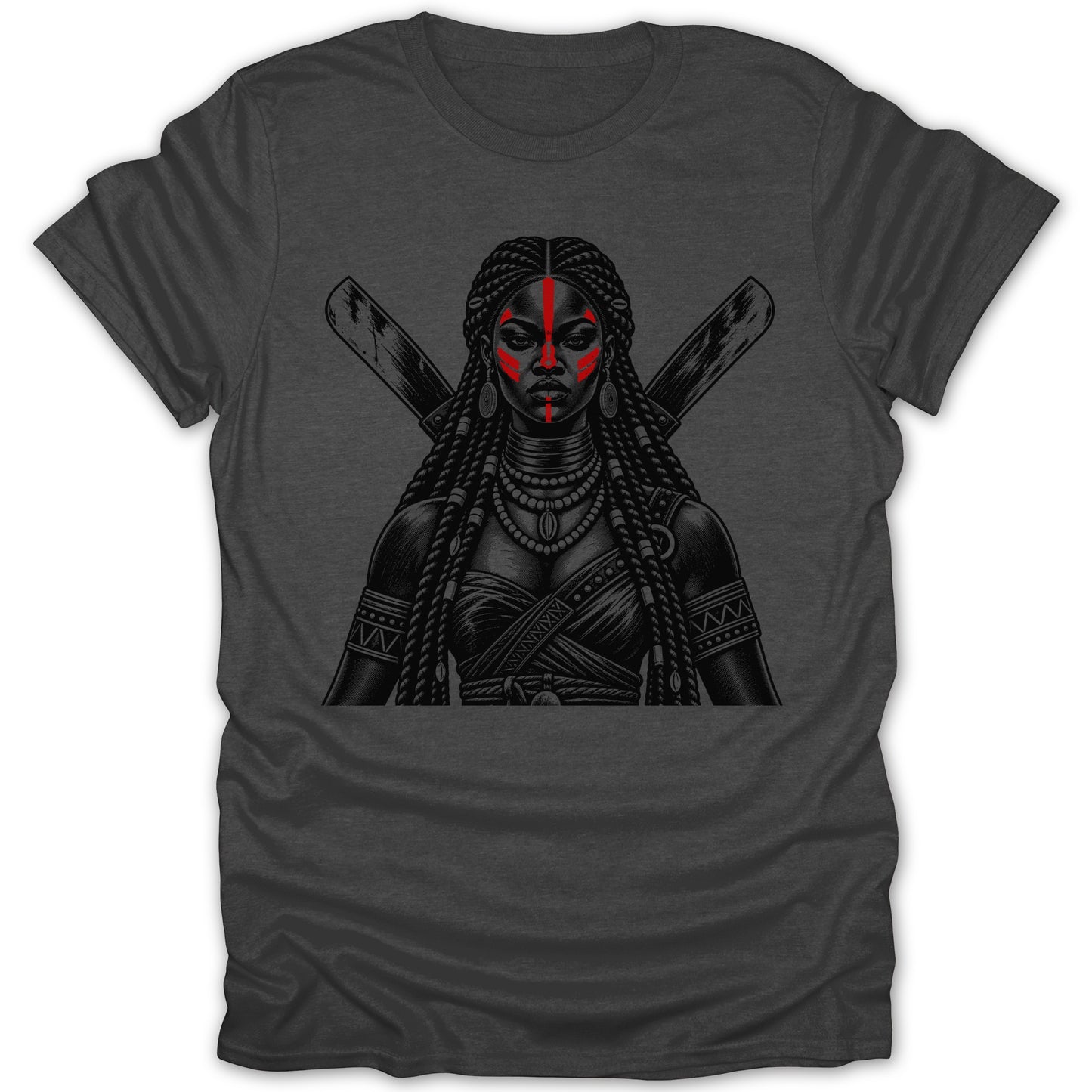 T-shirt with a black and white graphic of a woman with red facial markings and crossed swords.