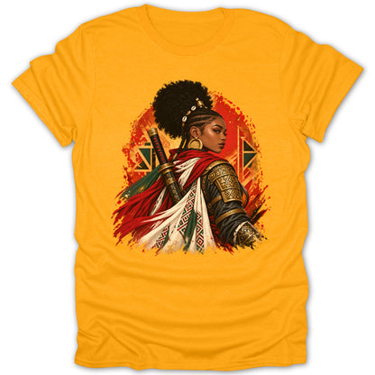 Woman in warrior attire with sword and cape, on yellow t-shirt.