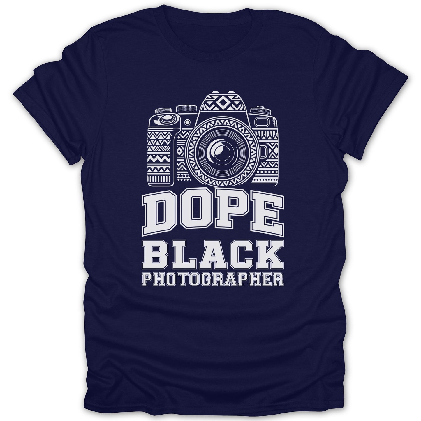 Navy t-shirt with a white graphic of a camera and the text "DOPE BLACK PHOTOGRAPHER".