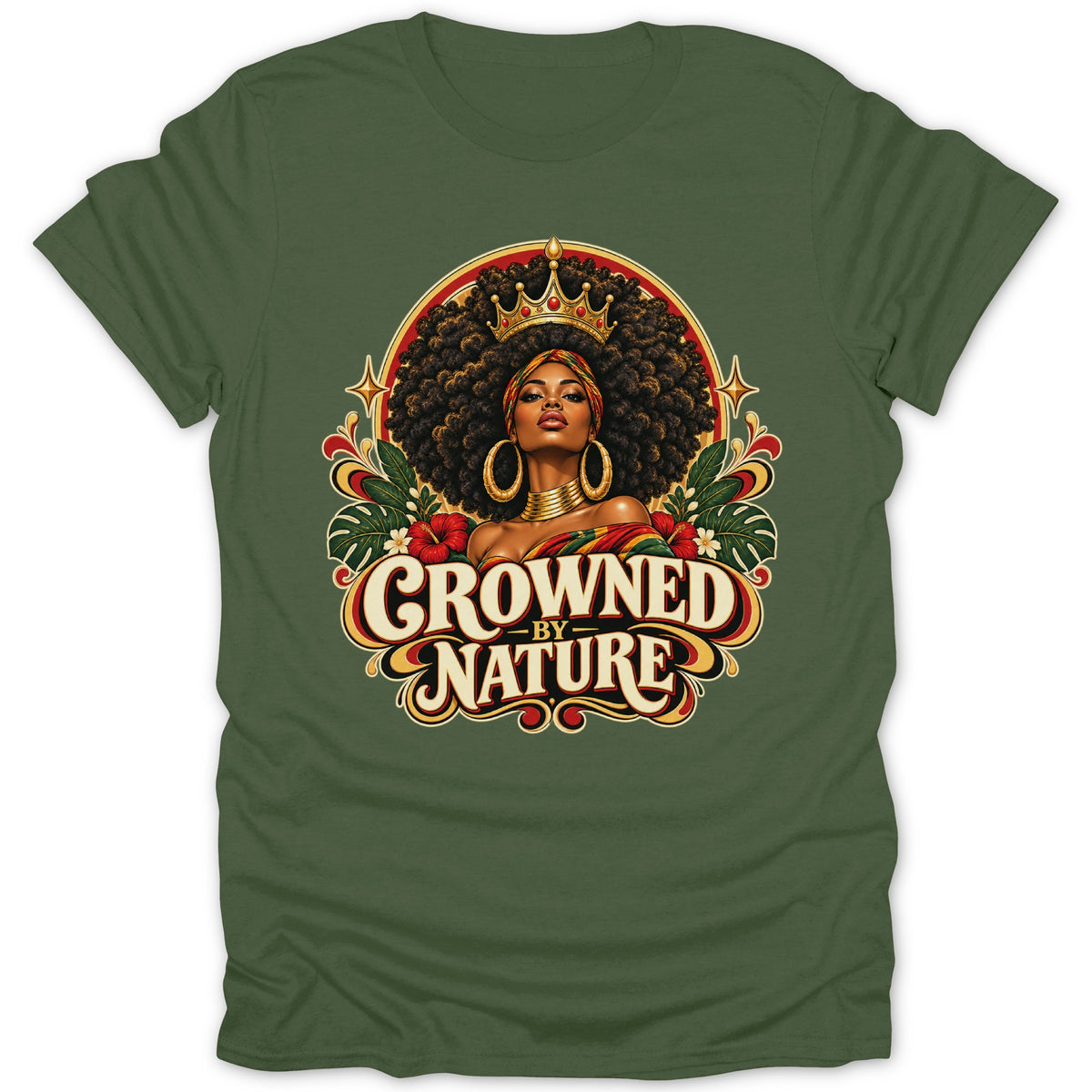 Graphic of a crowned woman with text "Crowned By Nature" on a green t-shirt.