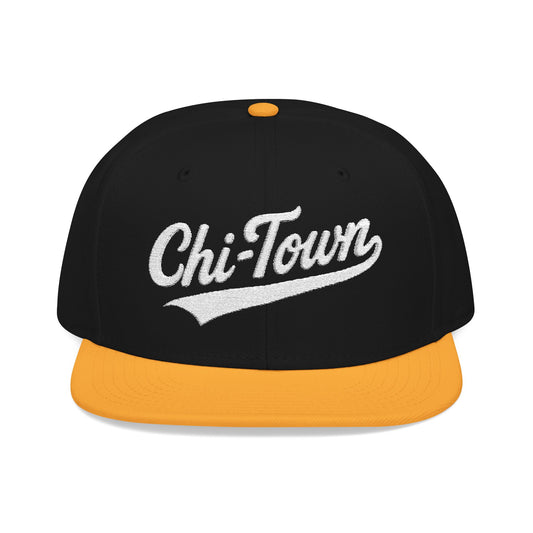 Black flat-brimmed baseball cap with white "Chi-Town" embroidery and orange brim.