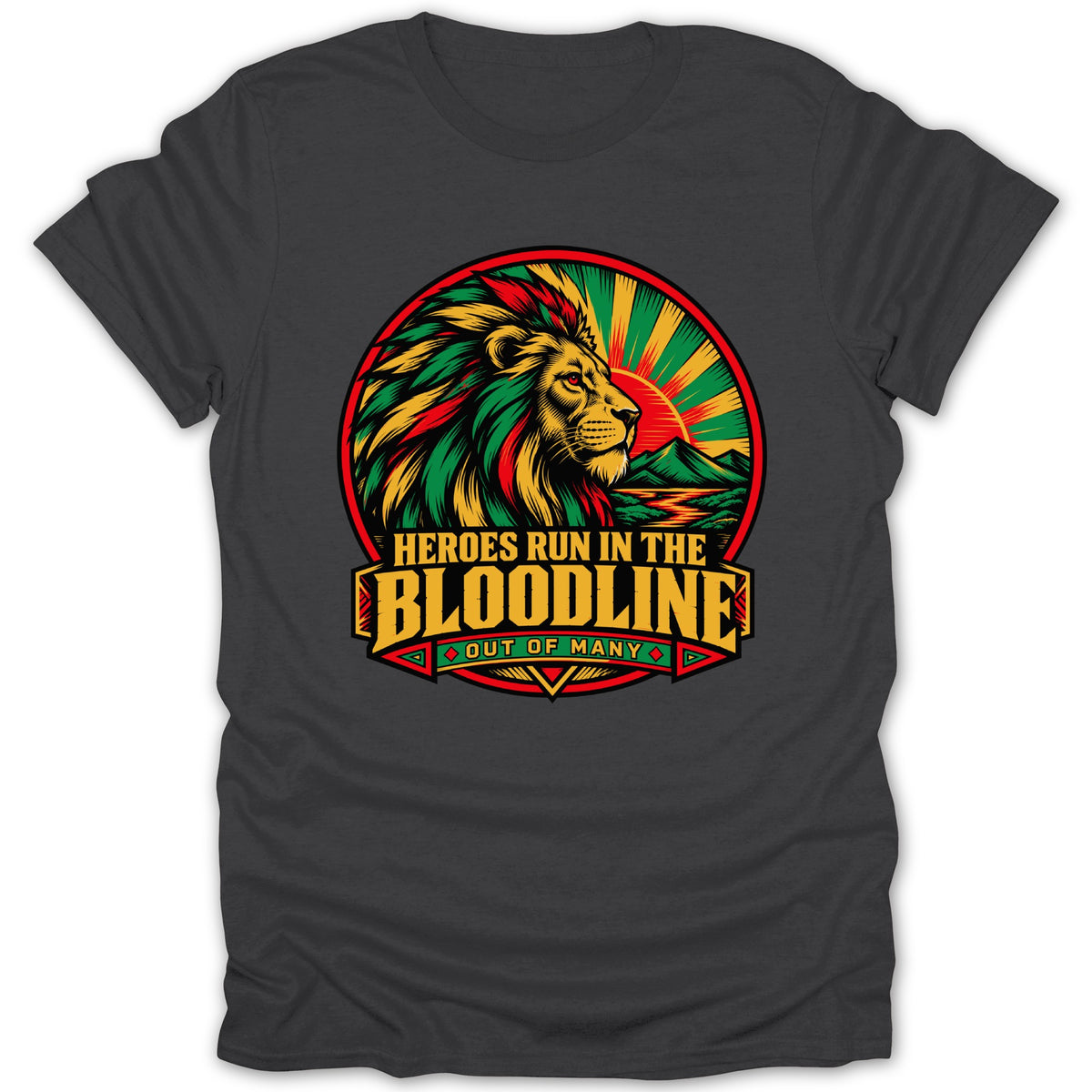 Lion with red, yellow, and green mane, sun, mountains, and text "Heroes Run in the Bloodline".
