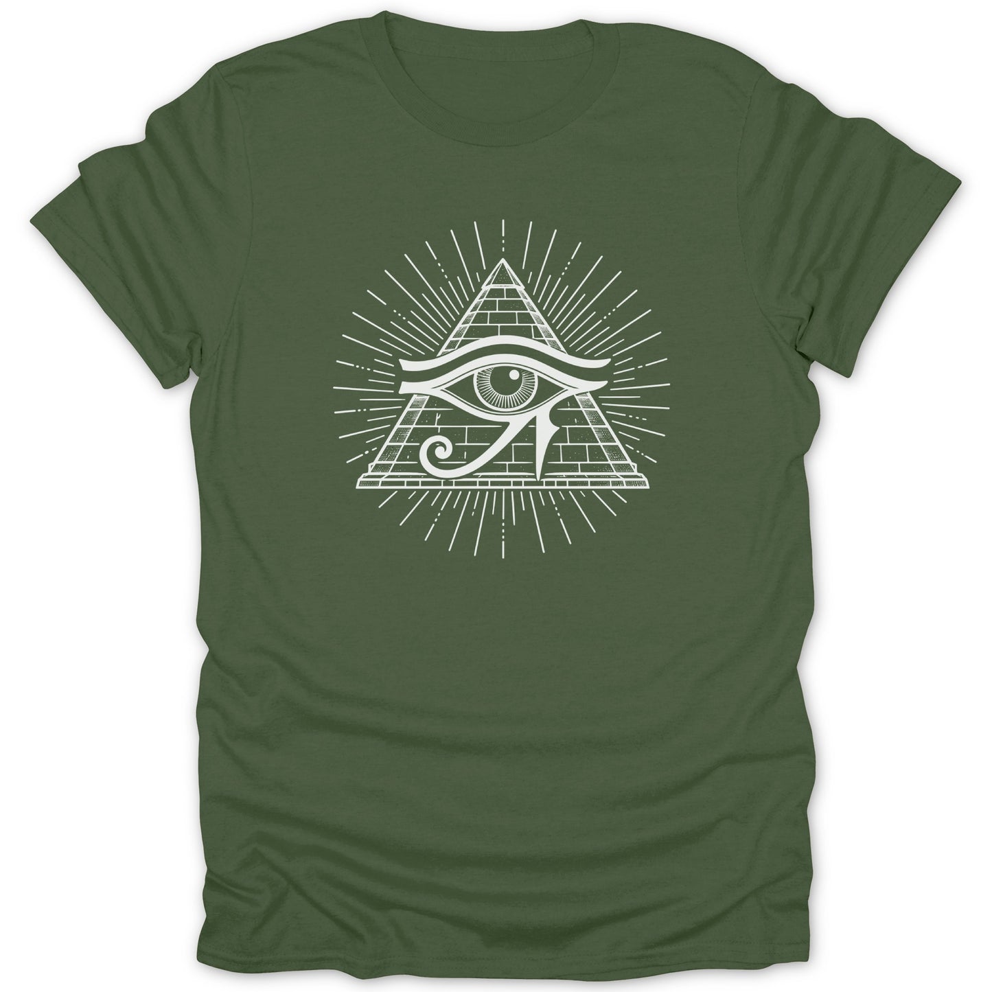 Green t-shirt with white Eye of Horus pyramid design.