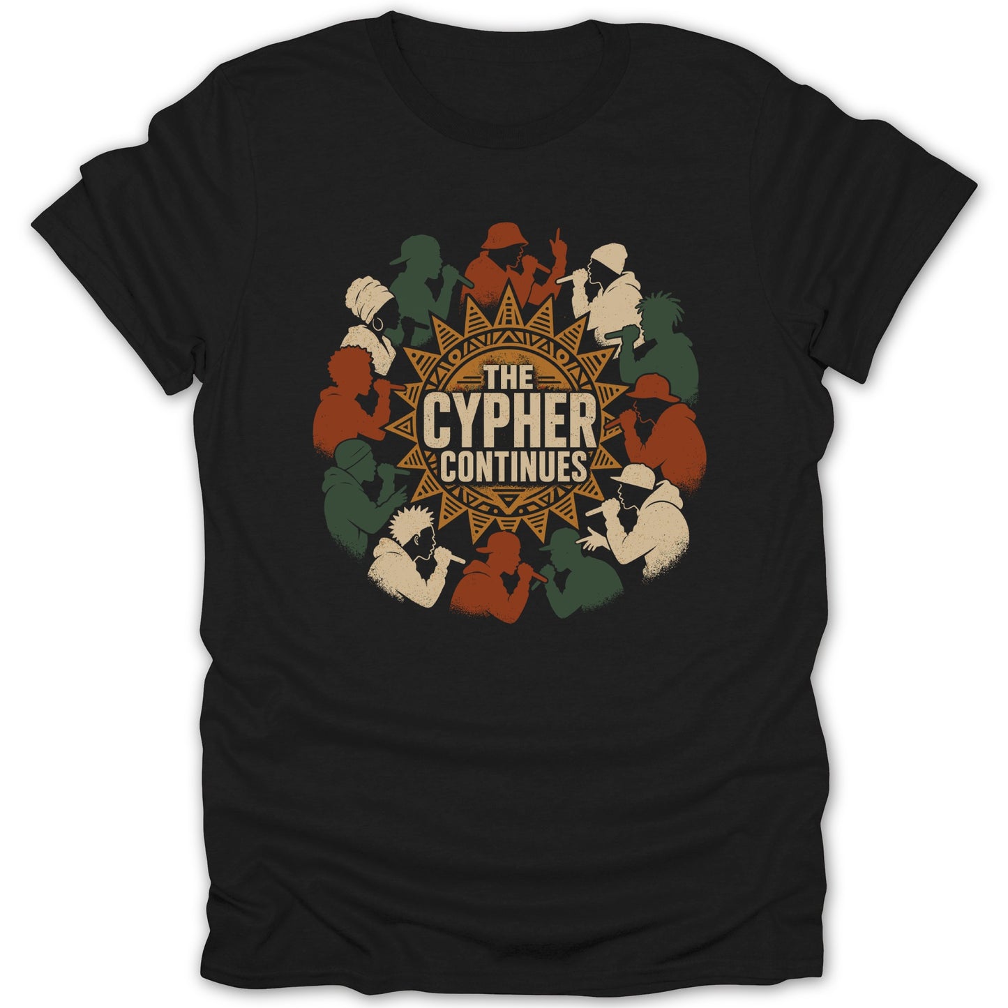 Graphic t-shirt with silhouettes of rappers and text "The Cypher Continues".